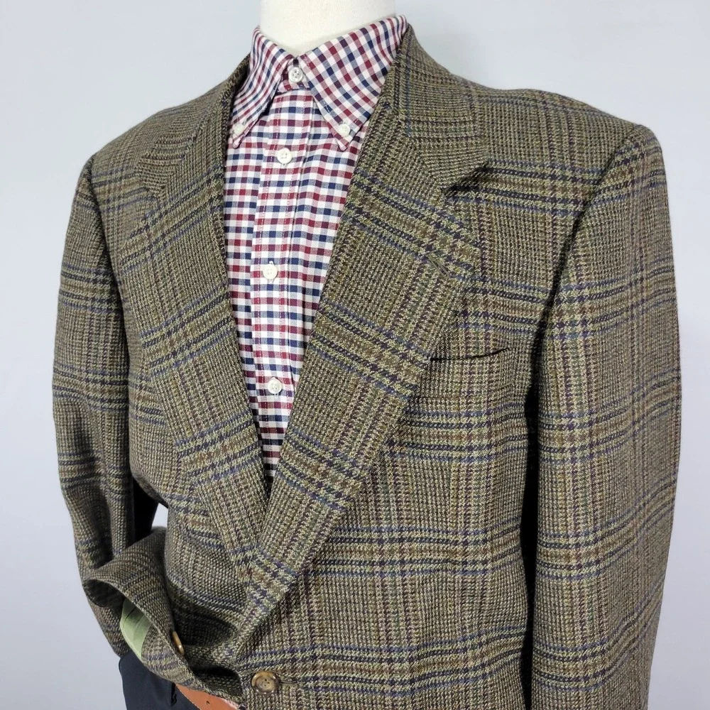Oscar De‎ La Renta Men's Sport Coat Blazer Two Button Olive Tweed Plaid Wool 44R